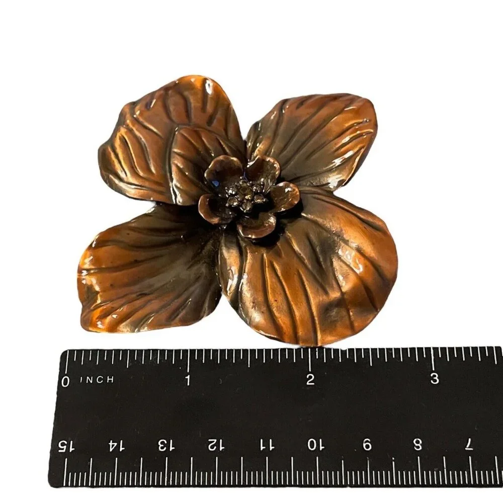 VTG Erwin Pearl Rhinestone Layered Petal‎ Flower Copper Color Enamel Brooch Pin